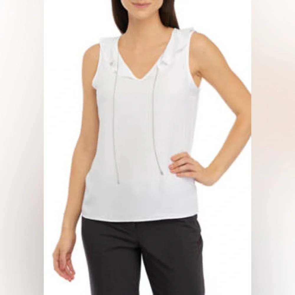 Calvin Klein Women's Sleeveless Ruffle Neck White Blouse w/ Chain Detail NWT L